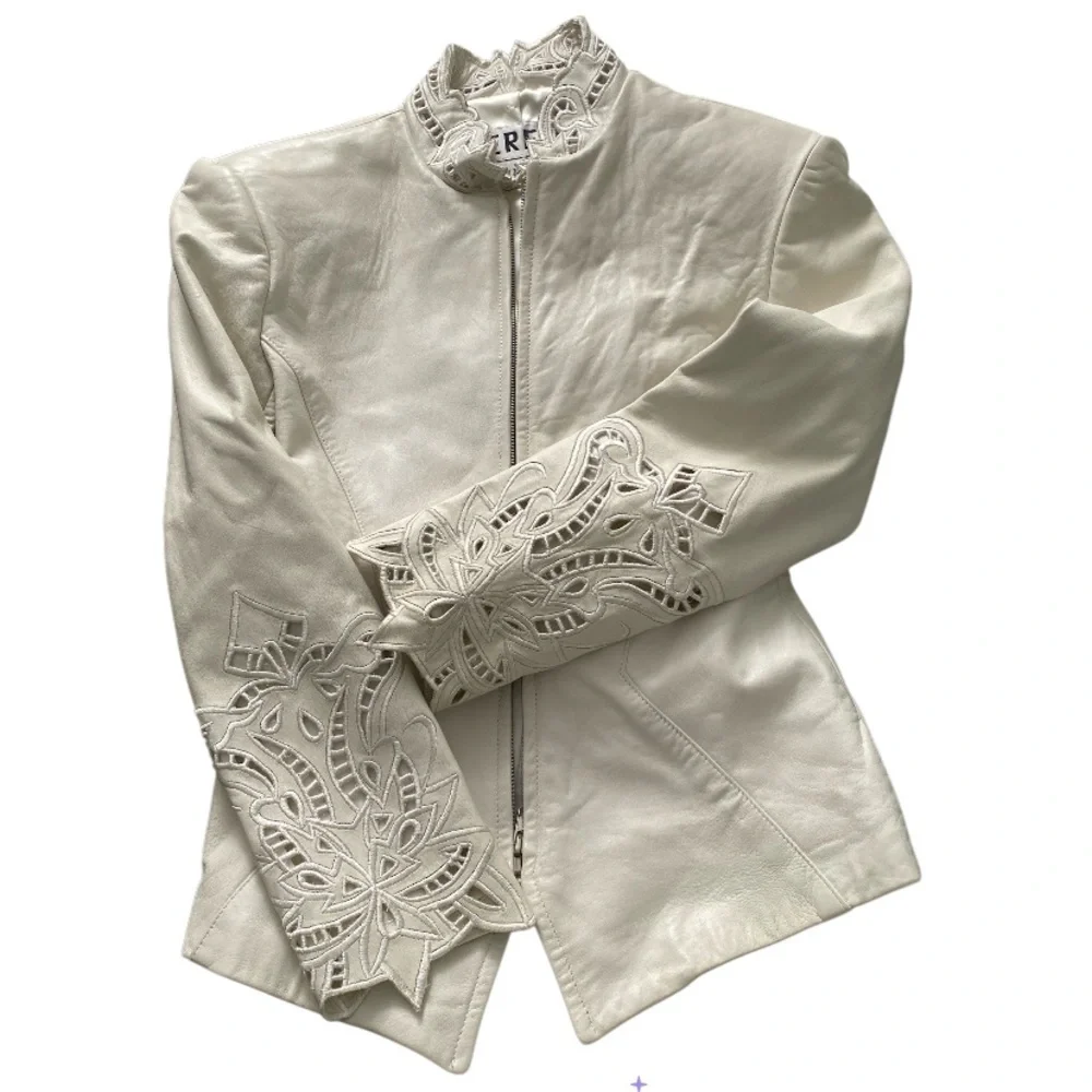 Lillie Rubin White Leather Jacket with Intricate Details size 6 pristine